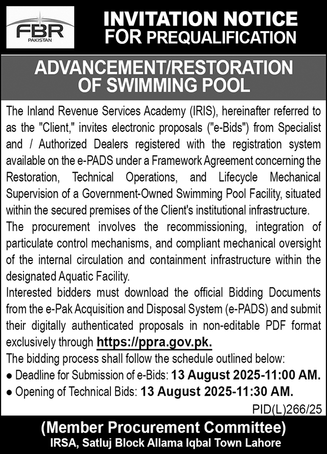 FBR Lahore Tender Notice